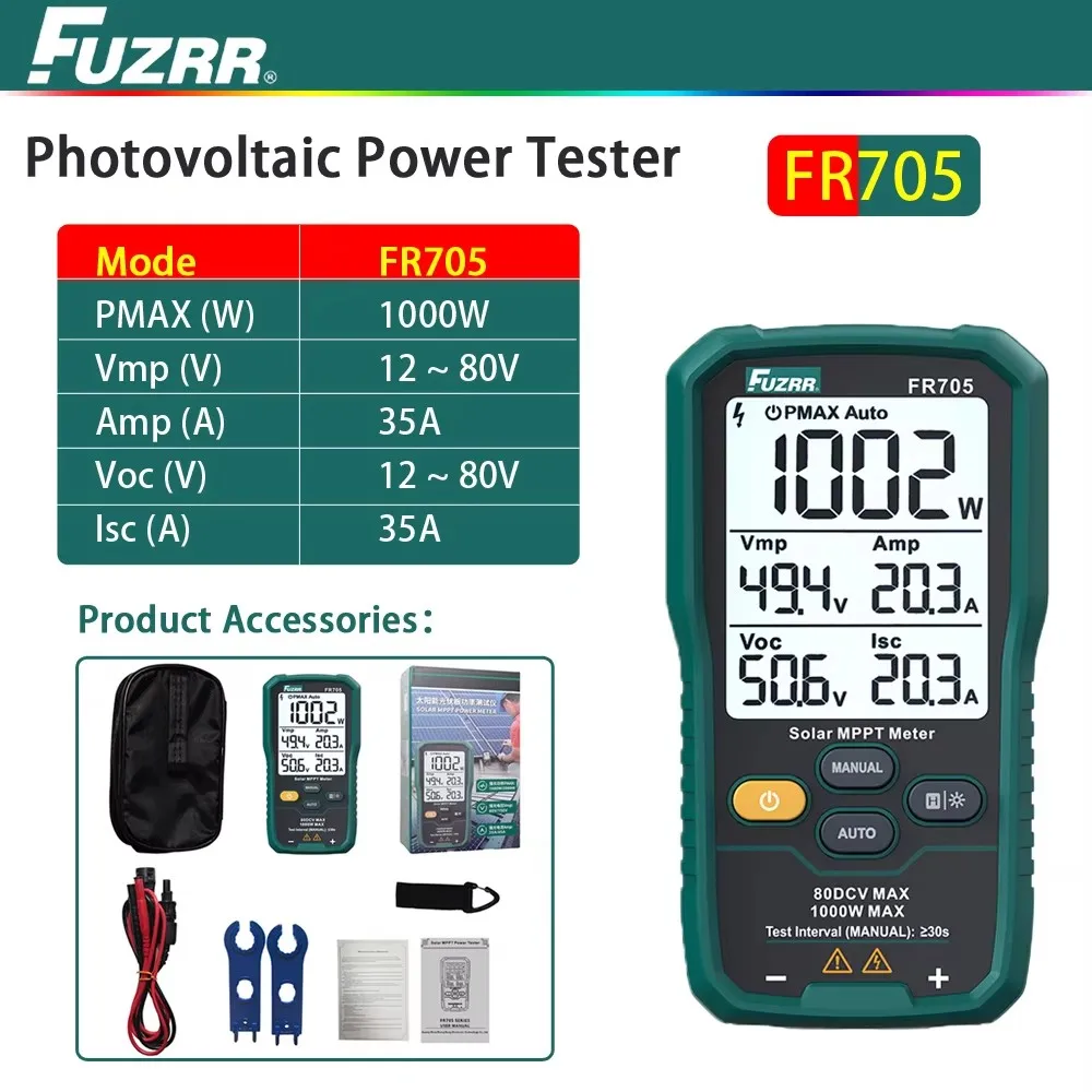 

Тестер солнечной энергии FUZRR с 3,2-дюймовым экраном, максимальная мощность 1000 Вт, портативный цифровой дисплей для измерения солнечных панелей
