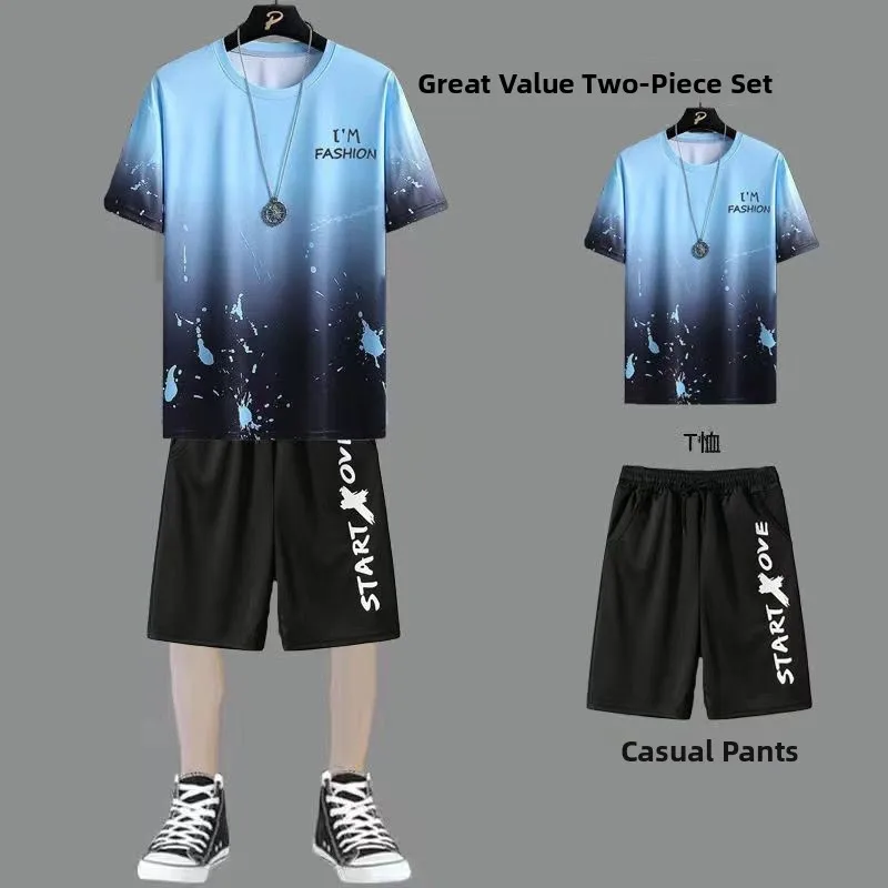 

Ice Silk ort Sve T-irt Men's Trendy Brand Summer Loose f Sve Qui Dry Casual Sports Wear Set for Teenagers