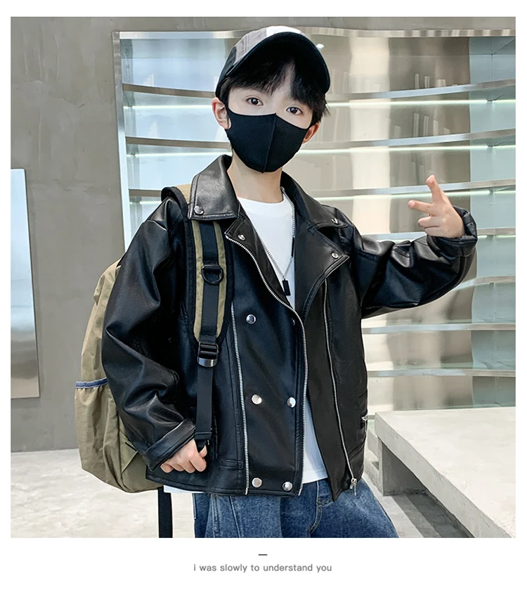 Elegante Kinder-Lederjacke für Teenager-Jungen im koreanischen Stil, schmal geschnittener PU-Ledermantel mit Reißverschluss, modische Frühlingskleidung für Kinder. – Detail 2