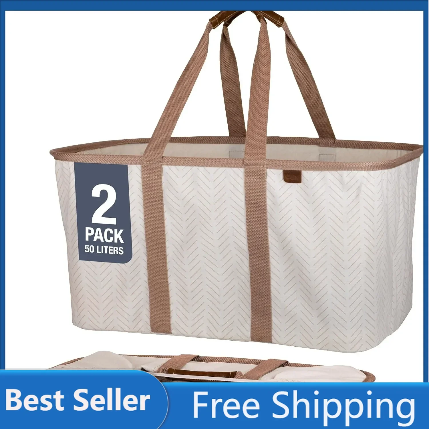 CleverMade Collapsible Laundry Tote, LUXE Cream Herringbone 2PK - 50L (13 Gal) Premium Cotton Blend Collapsible Laundry Baskets