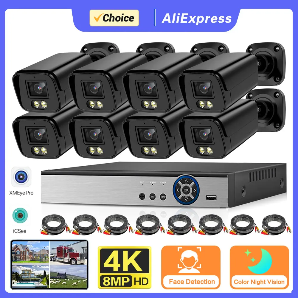 

8CH 4K AHD CCTV Camera System Set Full Color Night Vision Camera Security Surveillance System Kit H.265 8 Channel DVR Kit XMEYE