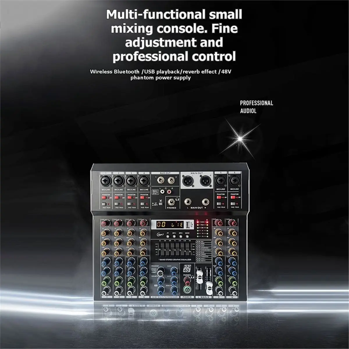 4 Channel Professional Audio Mixer Built-in 99DSP Effects 7-Band Graphic Equalizer 48V Phantom Power Console