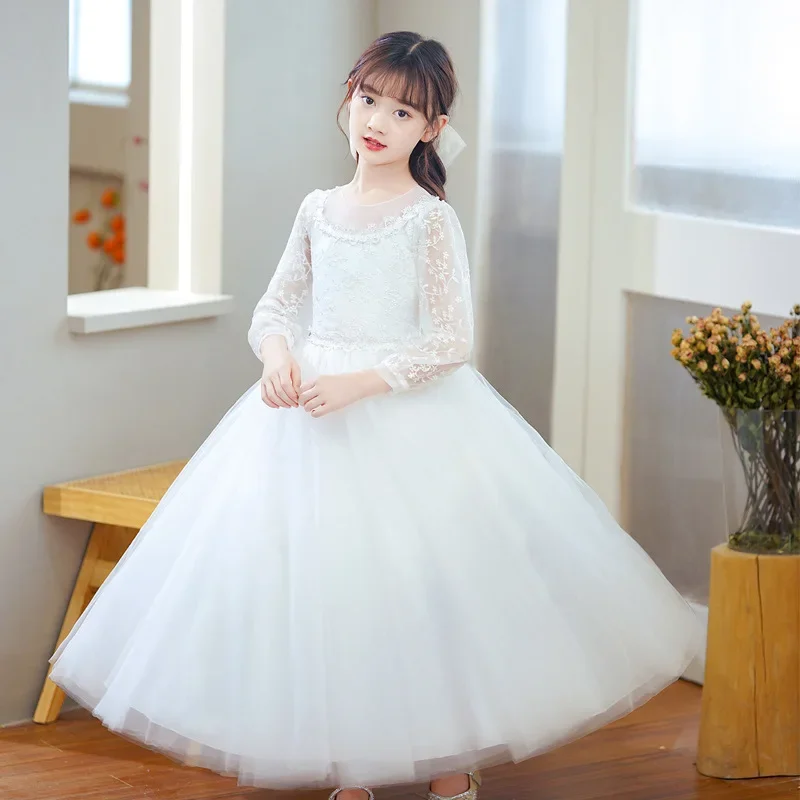 

Youth Girl's Teenagers Elegant Concert Performance Dress Women Ceremonial Long White Autumn Children 10 To 12 Years Old Clothes