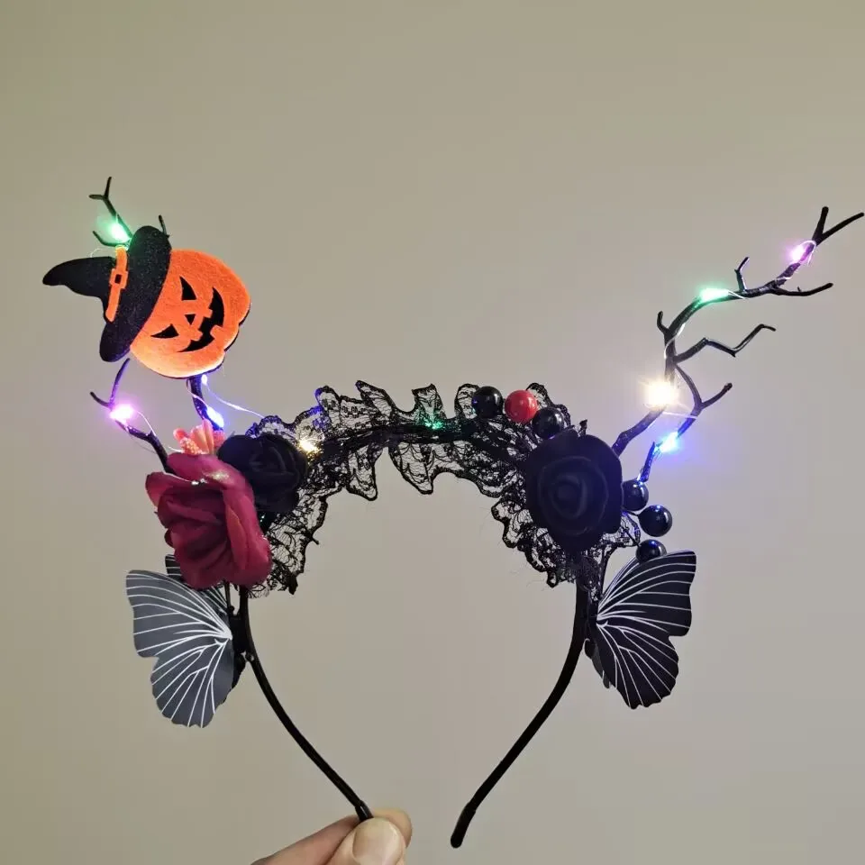 

Для женщин и девочек Хэллоуин блестящий эльф тыква паук повязка на голову светящиеся рога обруч для волос милые праздничные украшения