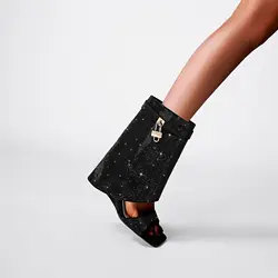 2023 letnie nowe buty z zamkiem Rhinestone rekin modne kwadratowe buty z odkrytymi palcami damskie krótkie buty z modą pokaz seksowne buty na nogi