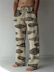 Men's and women's trousers, loose casual trousers with print, fish trousers with rope straps and wide leg trousers