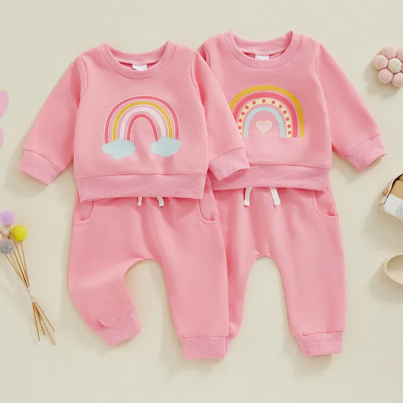 RUEWEY 0 to 3 Years Toddler Girl Pant Sets Spring Autumn Clothes Rainbow Print Crew Neck Long Sleeve Sweatshirts and Pants