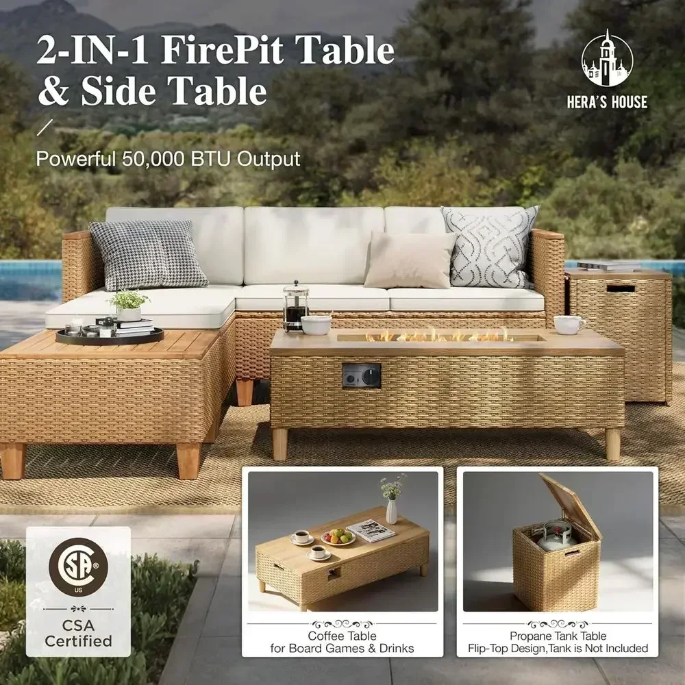 4-Seat Outdoor Wicker Sectional Set with Fire Pit Table, L-Shaped Patio Furniture in Yellow Rattan Style