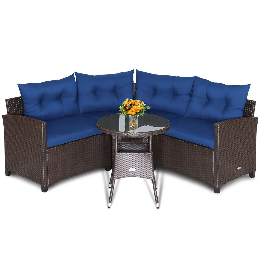 4 Piece Outdoor Sectional Sofa Set, HalfMoon All Weather Heavy Duty Corner Patio Furniture Set with Round Side Table, SoftPadde