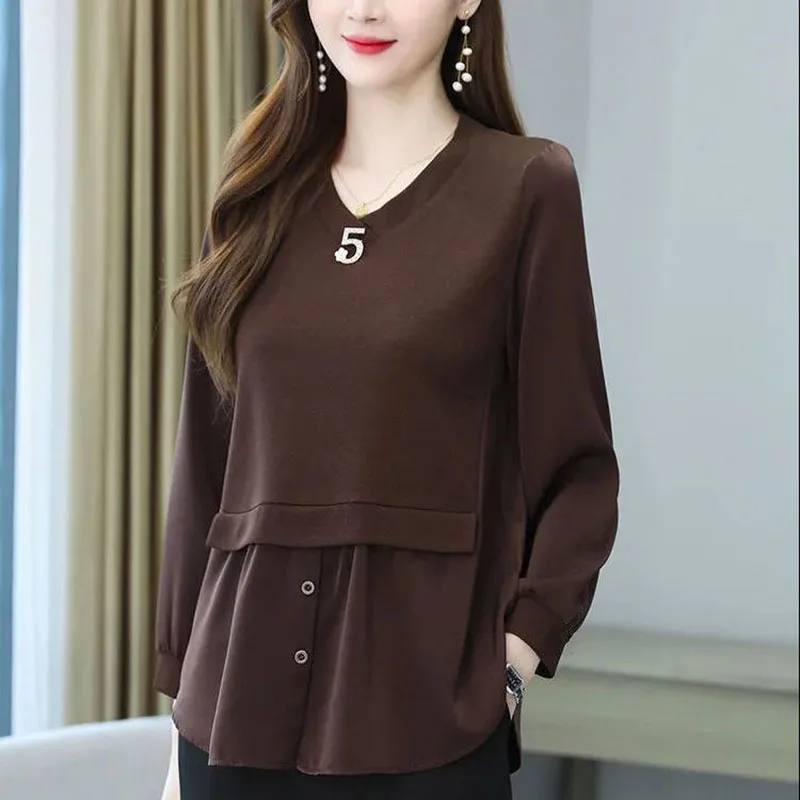 Elegant V-Neck Solid Color Spliced Button Folds Blouse Women Clothing 2022 Autumn New Loose Casual Pullovers Office Lady Shirt