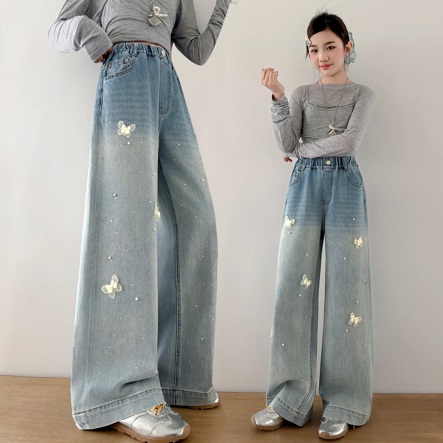 Girls' jeans with rhinestone nail bead Bow spring autumn new,Teens children's straight leg denim pants Kids loose casual pants