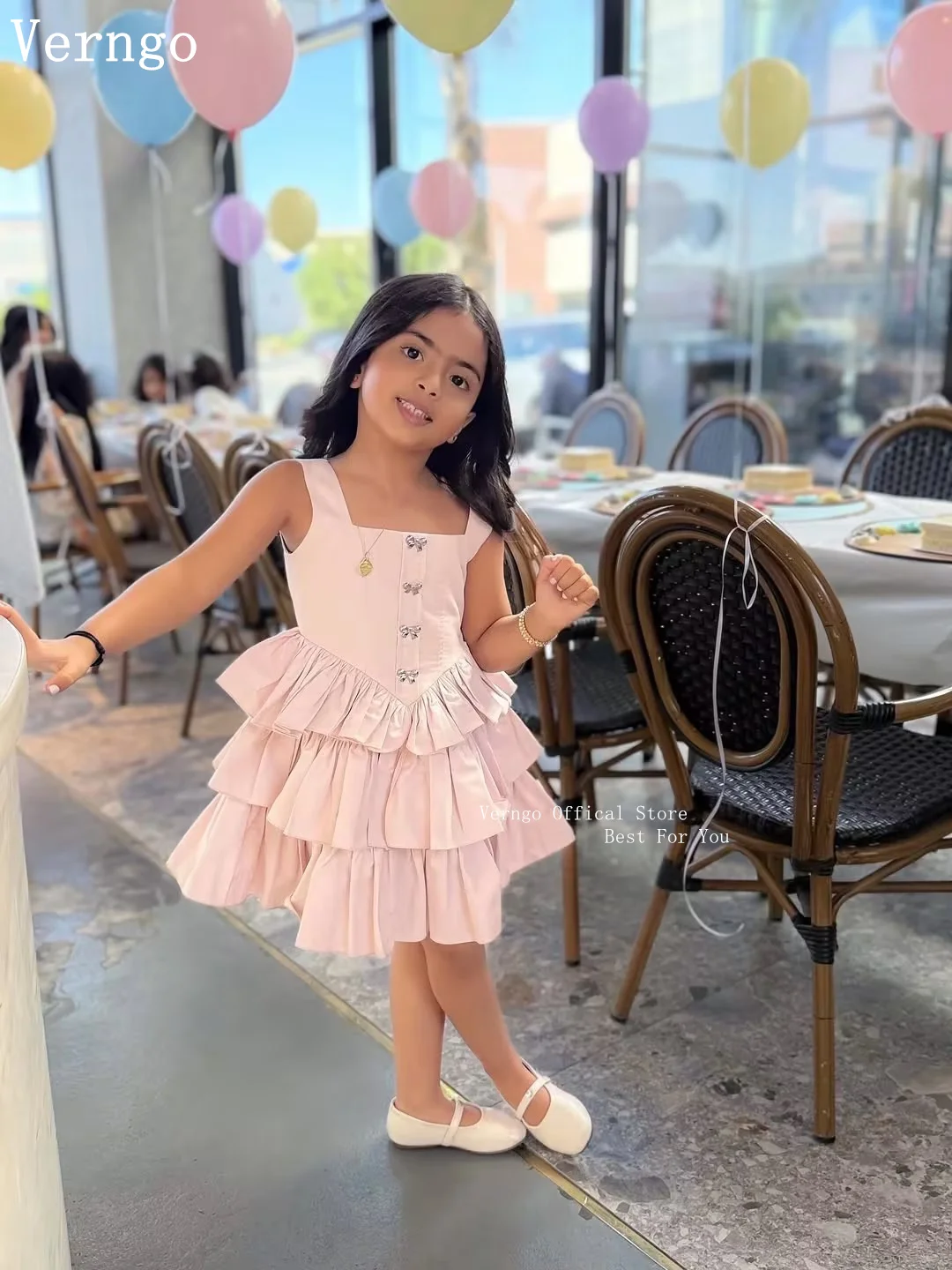 Verngo Pink Crepe Mini Girl Flowers Dress Bow Sleeveless Princess Birthday Party Dresses Pleated Kid Prom Gown Customized