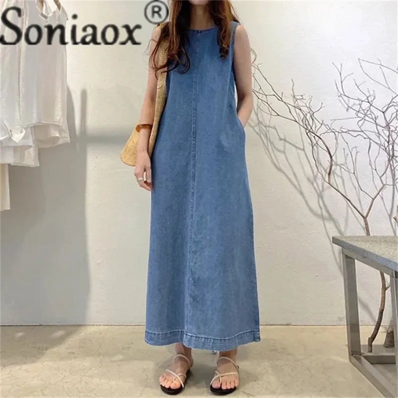 Mode ärmellose ladylike Stil Denim Kleid Frauen lose Taille Rundhals ausschnitt Tasche elegante weibliche Sommer Pendler lässige Weste Kleid