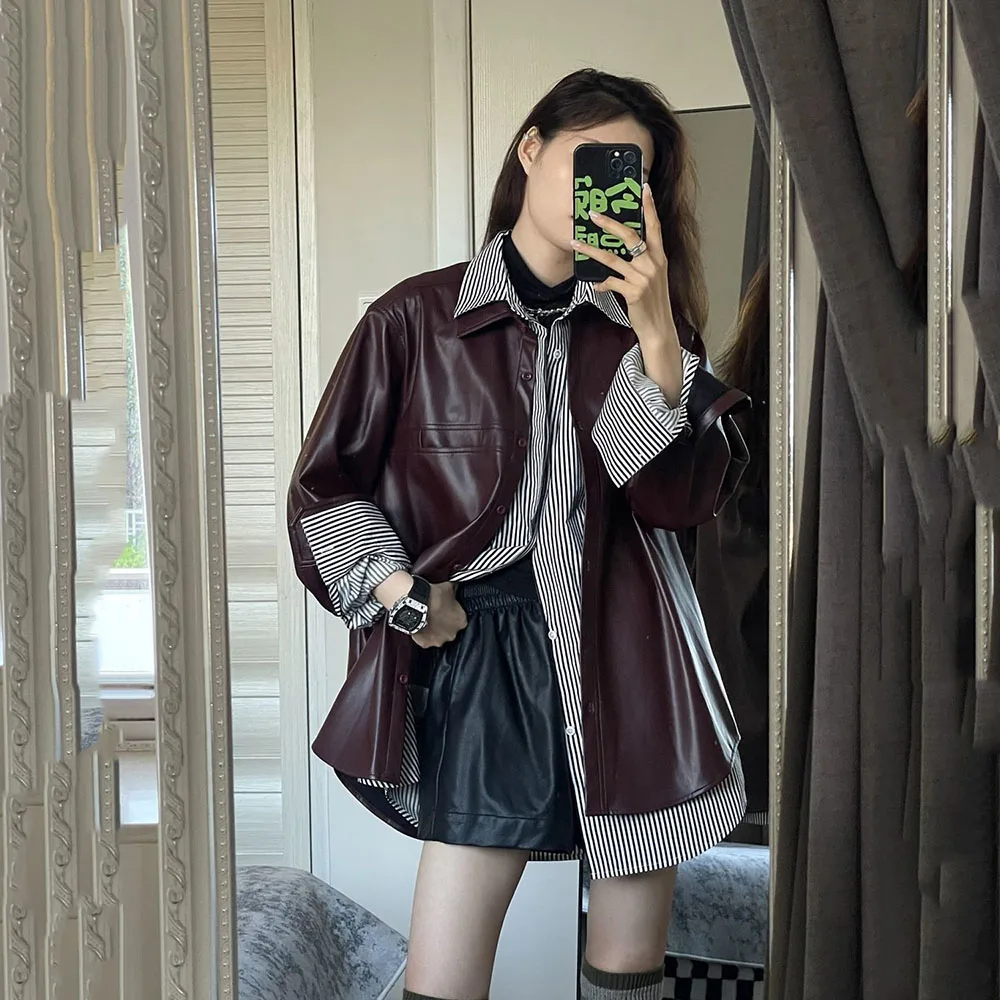 Grape Purple Leather Fashion Coat Female 2024 Spring And Autumn New Retro Jacket Joker Casual Two-piece Shirt Female Tide.