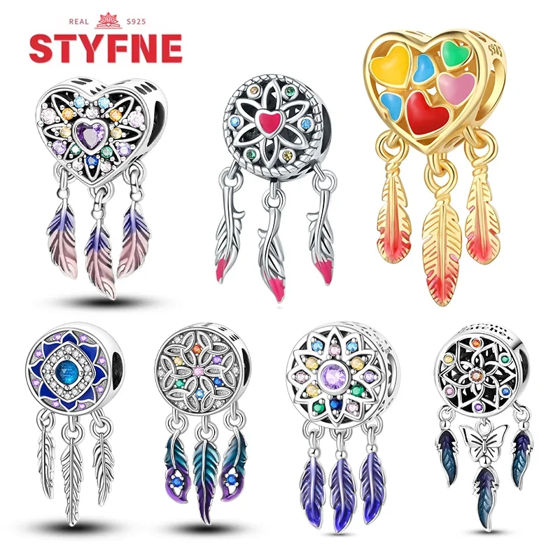 Sterling Silver 925 Zircon Colorful Heart Charms Dreamcatcher Beads Fit Fine Original Bracelet Jewelry Making Gifts for Women