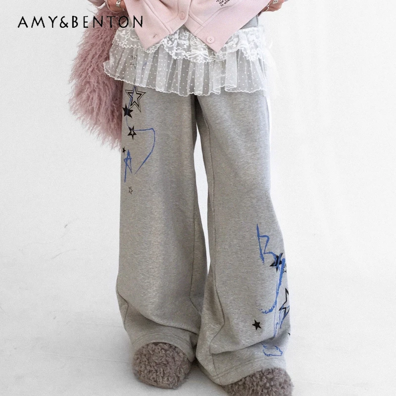 

Winter New Graffiti Hand-painted Color-blocking Fleece-lined Women's Sweatpants Loose Versatile Elastic Waist Knitted Pants Girl
