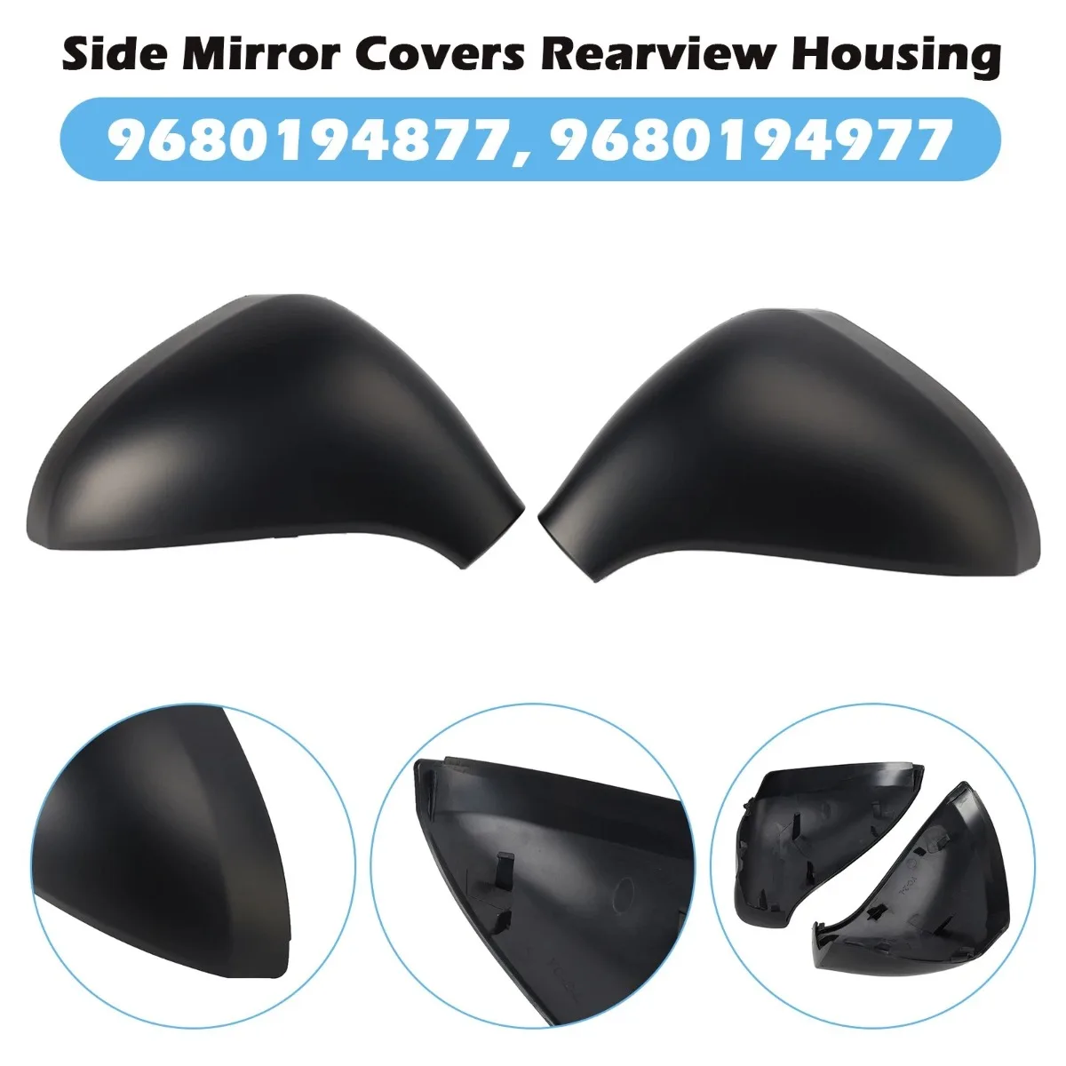 Pair Side Mirror Covers Rearview Housing Glossy Black 9680194877,9680194977 For Peugeot 207 Hatchback Estate / Van 2006-2015