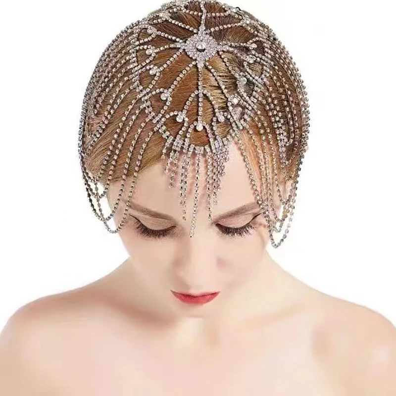 

2024 Trend Retro style Luxurious Mesh Tassels Rhinestone Head Chain Wedding Nightclub Headwear Hair Accessories