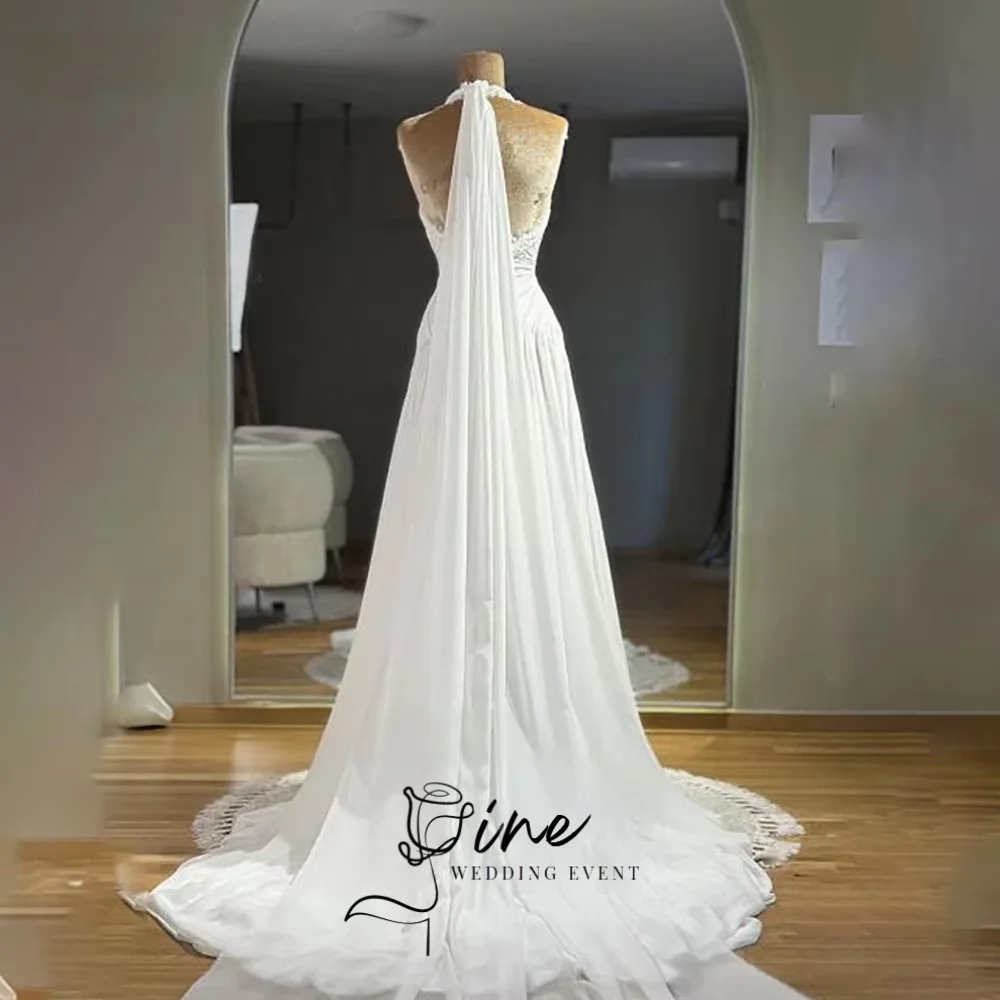 Oine Halter A-line Wedding Dresses Sexy Pleats Deep V Neck Bride Gown Backless Bride Bridal Dress vestidos de novia Customized