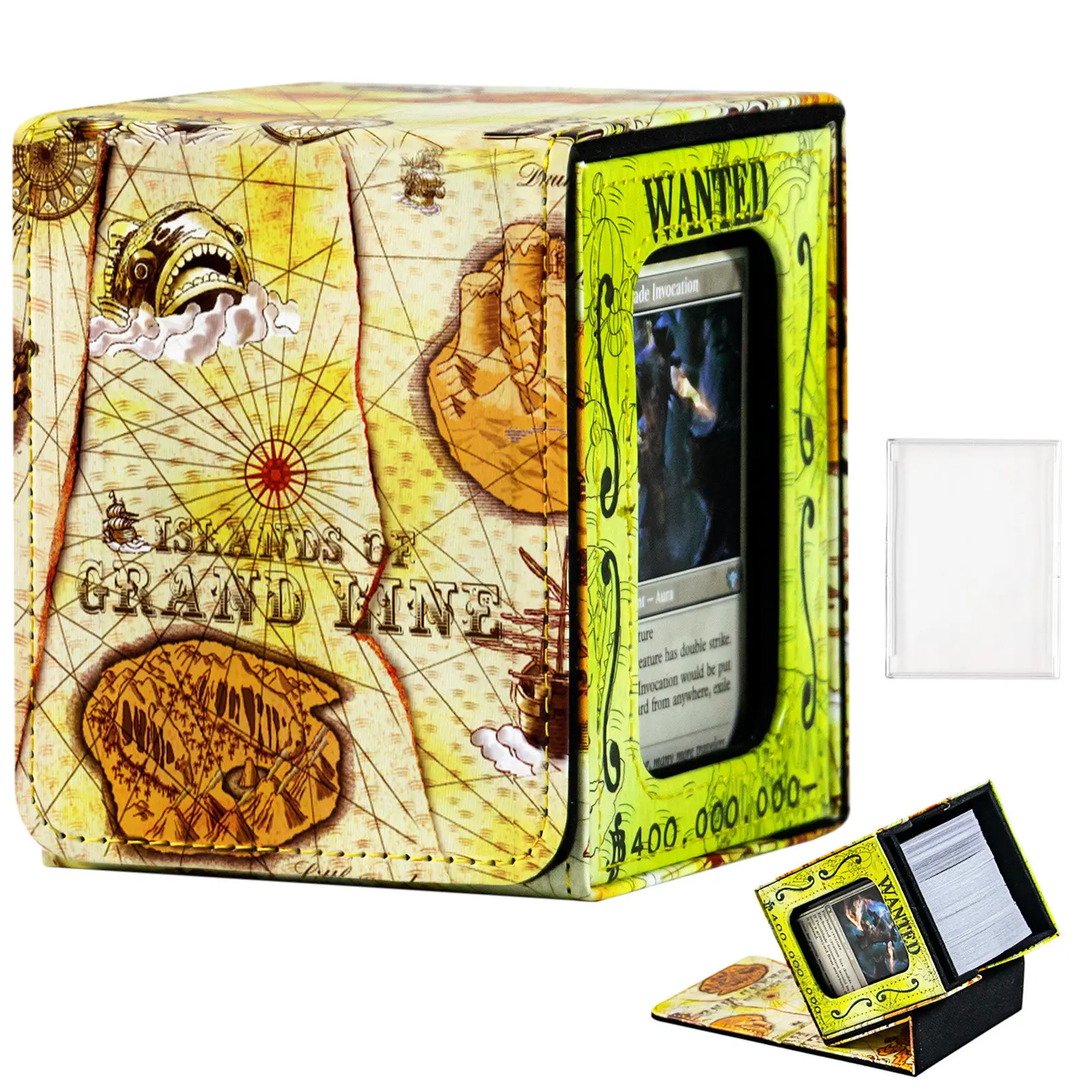 For One Piece Grand Line Window Card Box WANTED Leather Magnetic Flip Large Capacity Game Collectible Card Storage Box Toy Gift