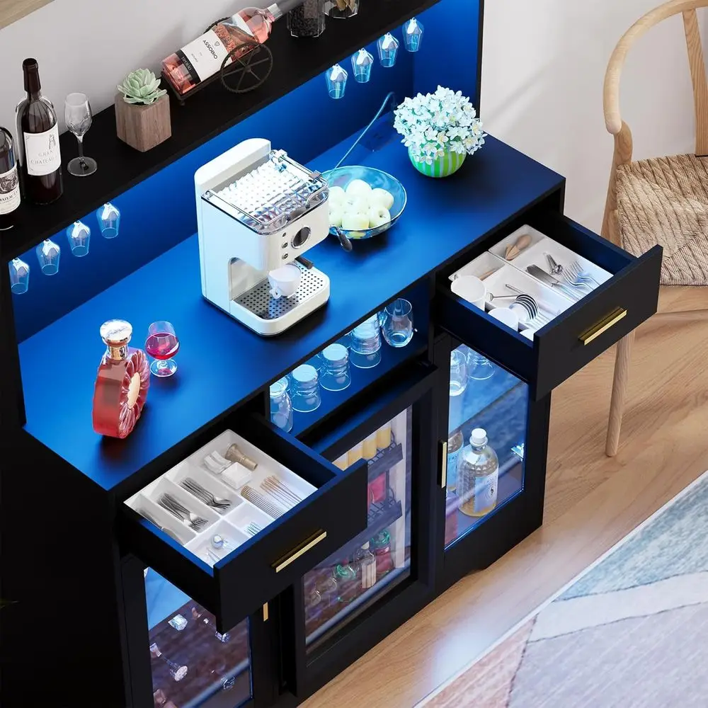 Compact Refrigerator Cabinet with Storage, LED-Lit Wine Bar, and Power Outlet for Home Coffee Bars and Modern Buffets