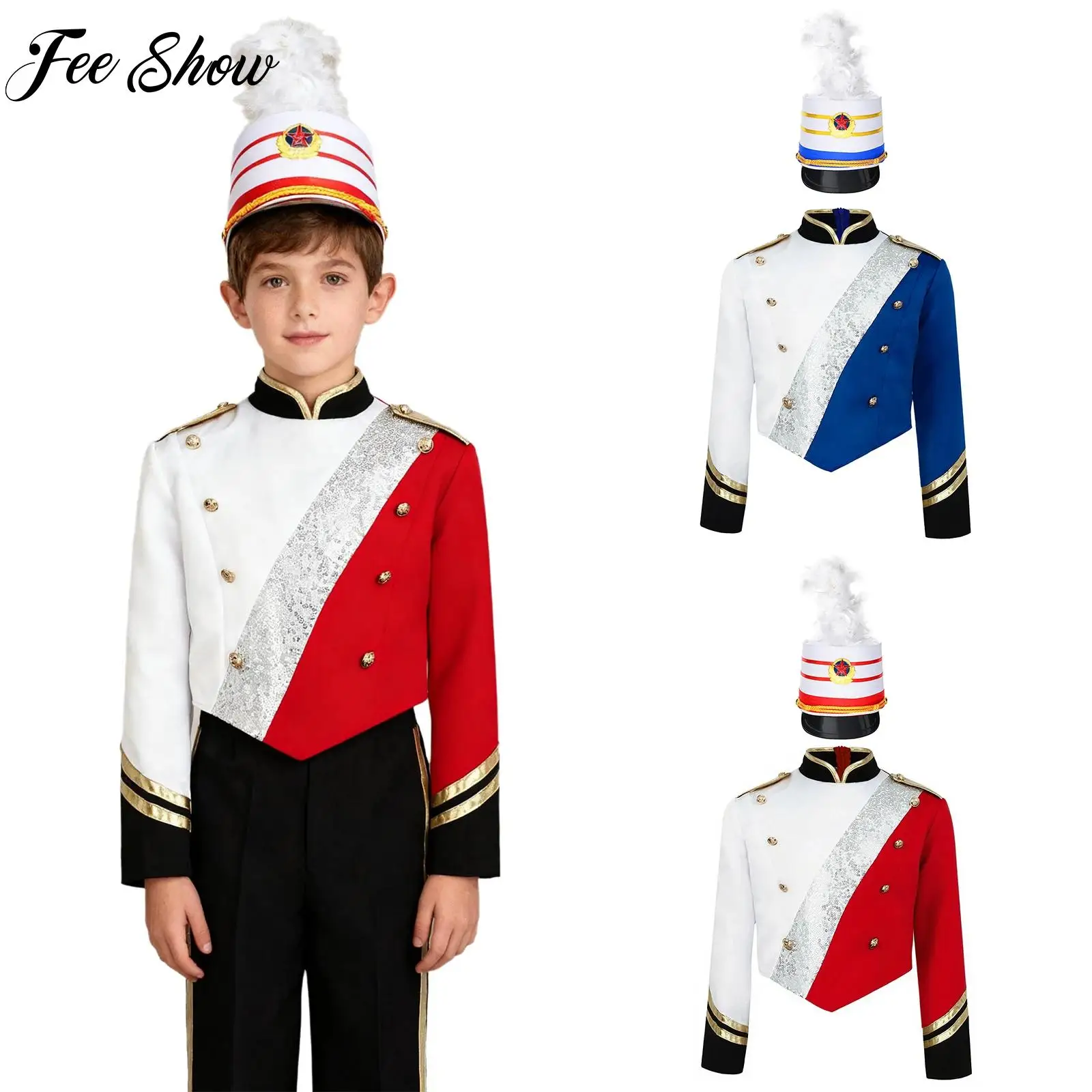 

Kid Boy Marching Band Costume Uniform Set Halloween Dress Up Long Sleeve Sequins Shoulder Epaulets Buttons Tops with Feather Hat