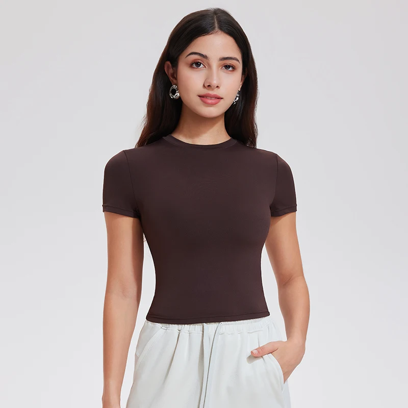 Summer Female Skinny Crop Top Shirts Naked Feeling Slim Fit Sexy Short Sleeve T-Shirt Blank Plain Yoga T-Shirt Size Sexy