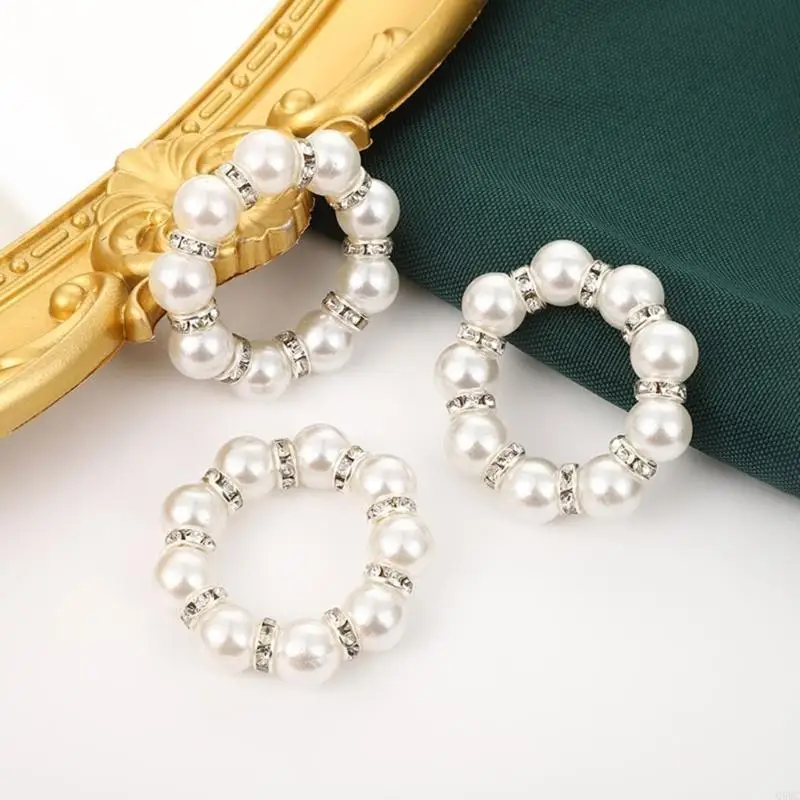 Fashionable Table Accessories Elegant Pearls Embellishments Napkin Rings Buckle Q5WC