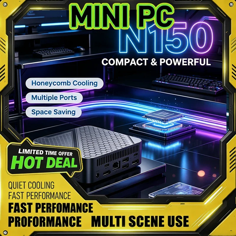 New N150 Mini PC Honeycomb Cooling Design Multiple Ports Space‑Saving Desktop Computer for Home Office Business Daily Work