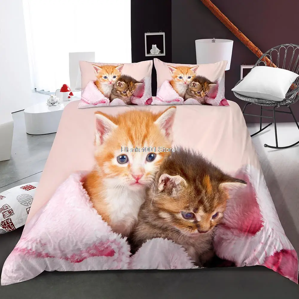 Cute Pet Cat Animal Pattern Quilt Cover Bedding Sets for Kids Children Bedroom Duvet Cover Bedspread with Pillowcases Bed Decor