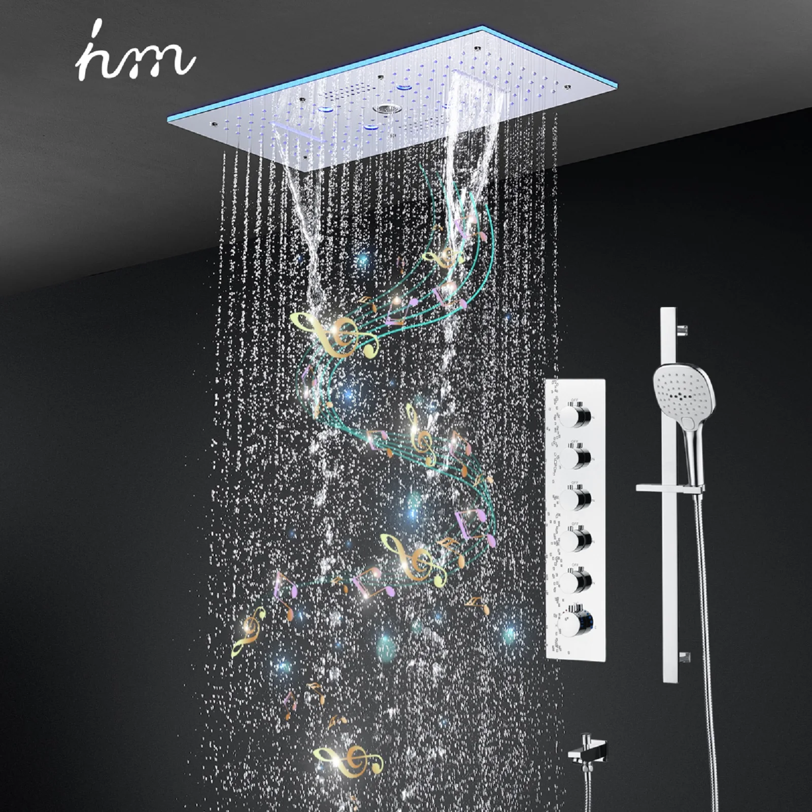 Hot Selings 300x600mm Music Shower Set LED Rain Column Waterfall Mist Shower Faucets Set Thermostatic