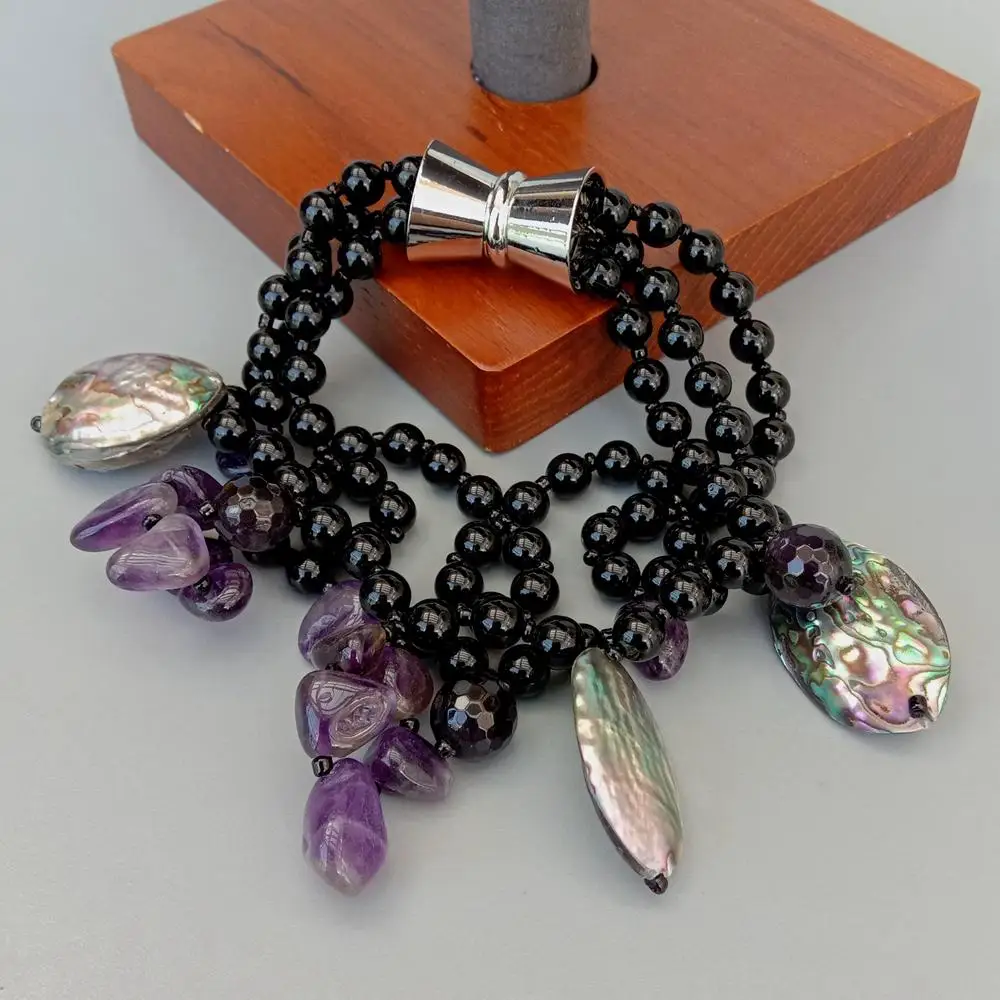 Y.YING 3 Rows Black Onyx Amethyst Abalone Shell Beads Bracelet