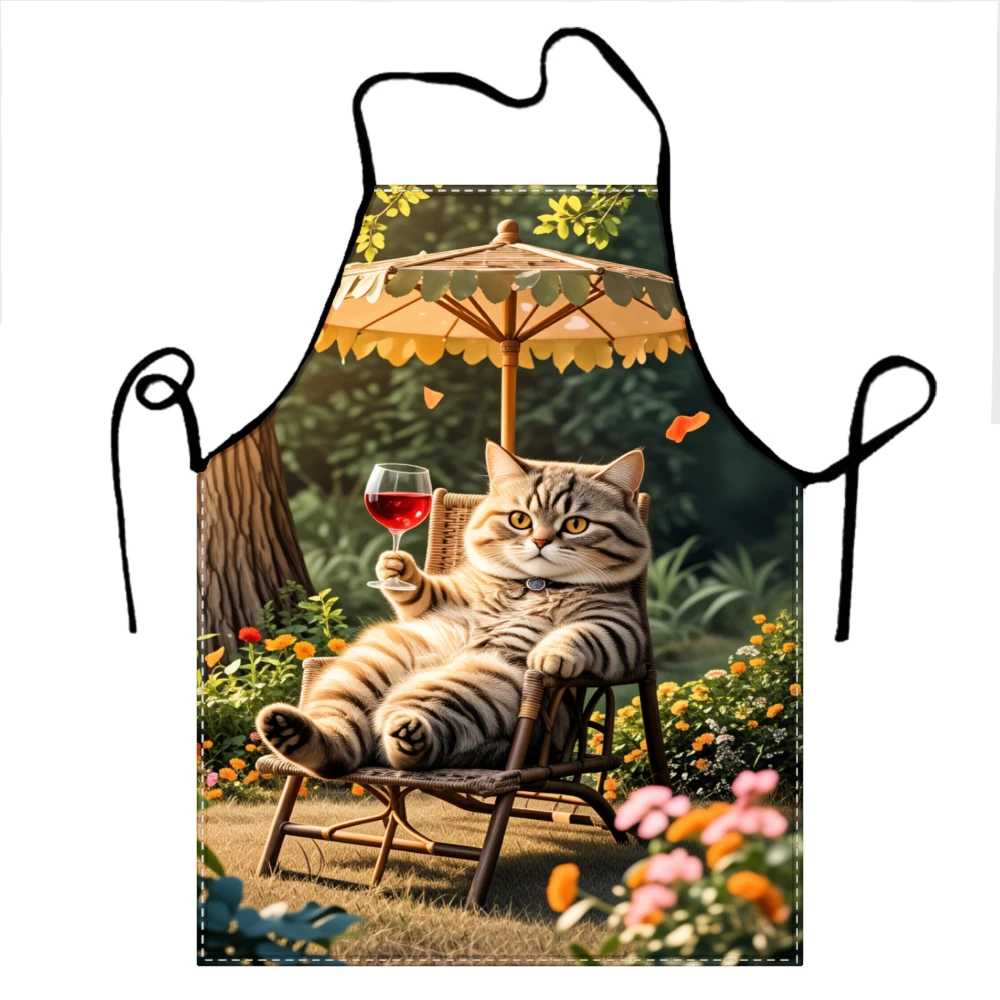 Cat Relaxing In Garden With Wine Glass Apron For Cooking And Baking Kitchen Wear Fun Animal Design