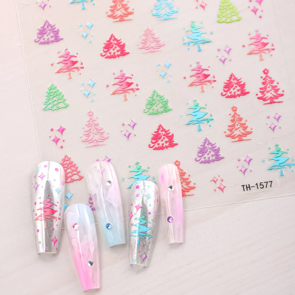 Autocollant 3D coloré pour Nail Art, 2 pièces, étoiles d'arbre de noël, décalcomanies auto-adhésives pour décoration de manucure à faire soi-même