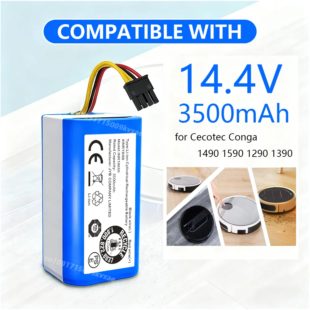 

14.4V Li-ion Green Battery 2600mAh for Conga 1290 1390 1490 1590 Robot Vacuum Genio Deluxe 370 Gutrend Echo 520 Replacement