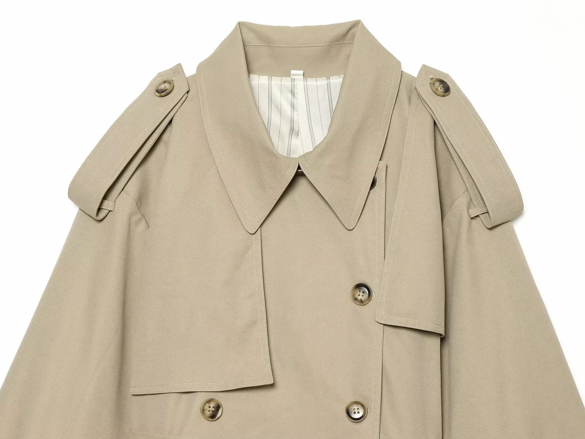 Damen 2026 Neue Modekollektion Khaki Eleganter Doppelreihiger Gürtel-Trenchcoat mit Schulterklappen Kurzer Windbreaker Damen-Oberbekleidung – Detail 8