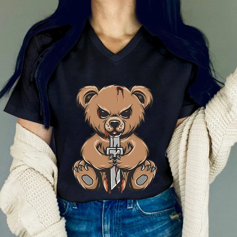 Fashion Evil Teddy Bear Woman T-Shirt Street Hip Hop Short Sleeves Personality V-Neck T Shirts Funny Bear Lover Female Tshirt