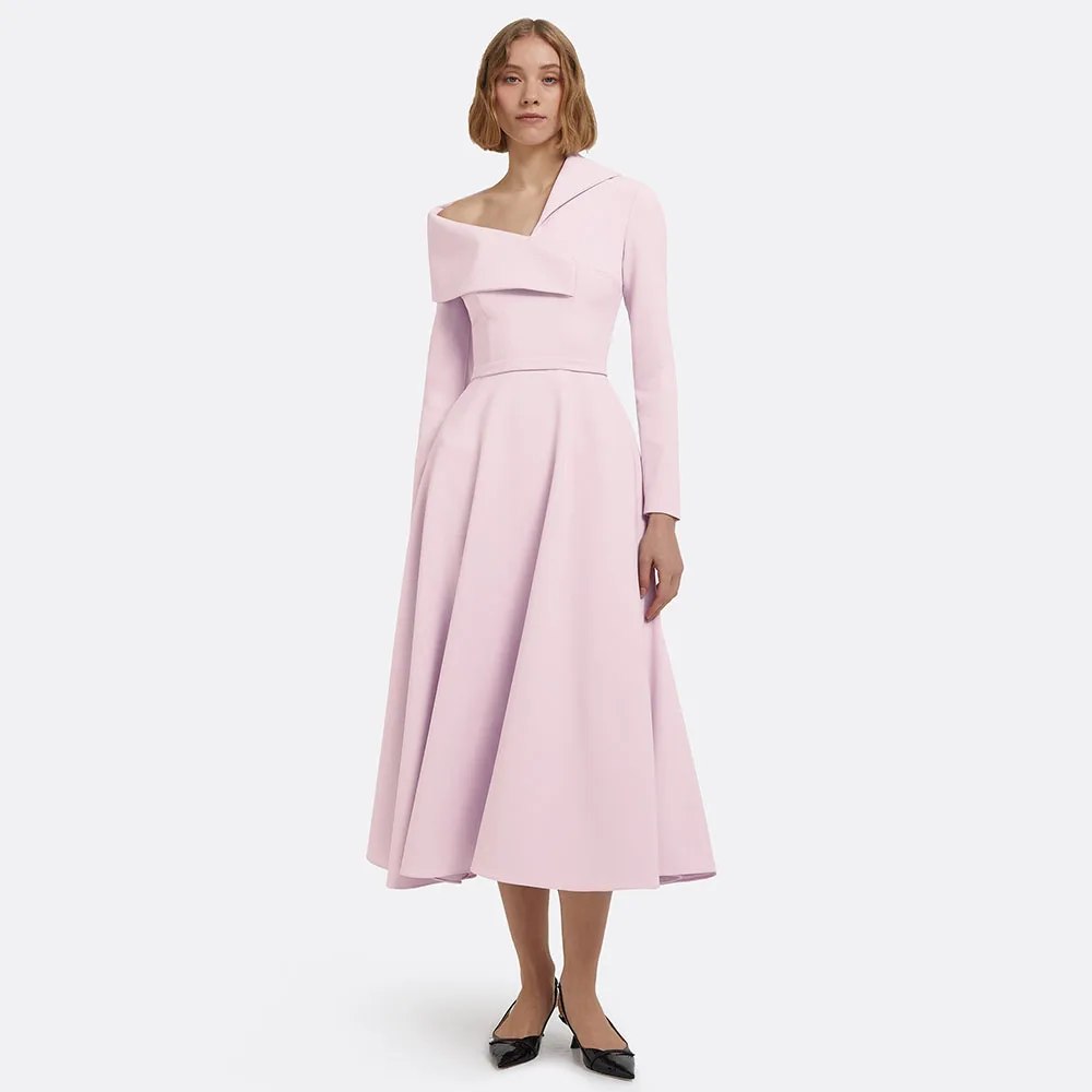 

Midi Evening Dress Pink Long Sleeves One Shoulder A Line Short Evening Gowns Tea Length Detachable Belt Simple Formal Party Gown