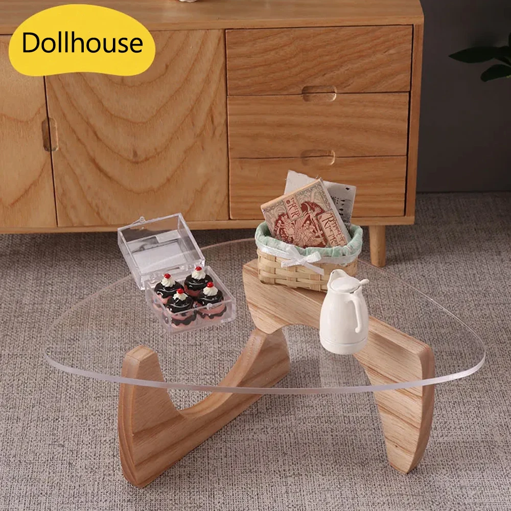 1:6 Tavolino da caffè triangolare moderno in miniatura realistico e set di sgabelli Mobili per casa delle bambole Decorazione della scena del soggiorno