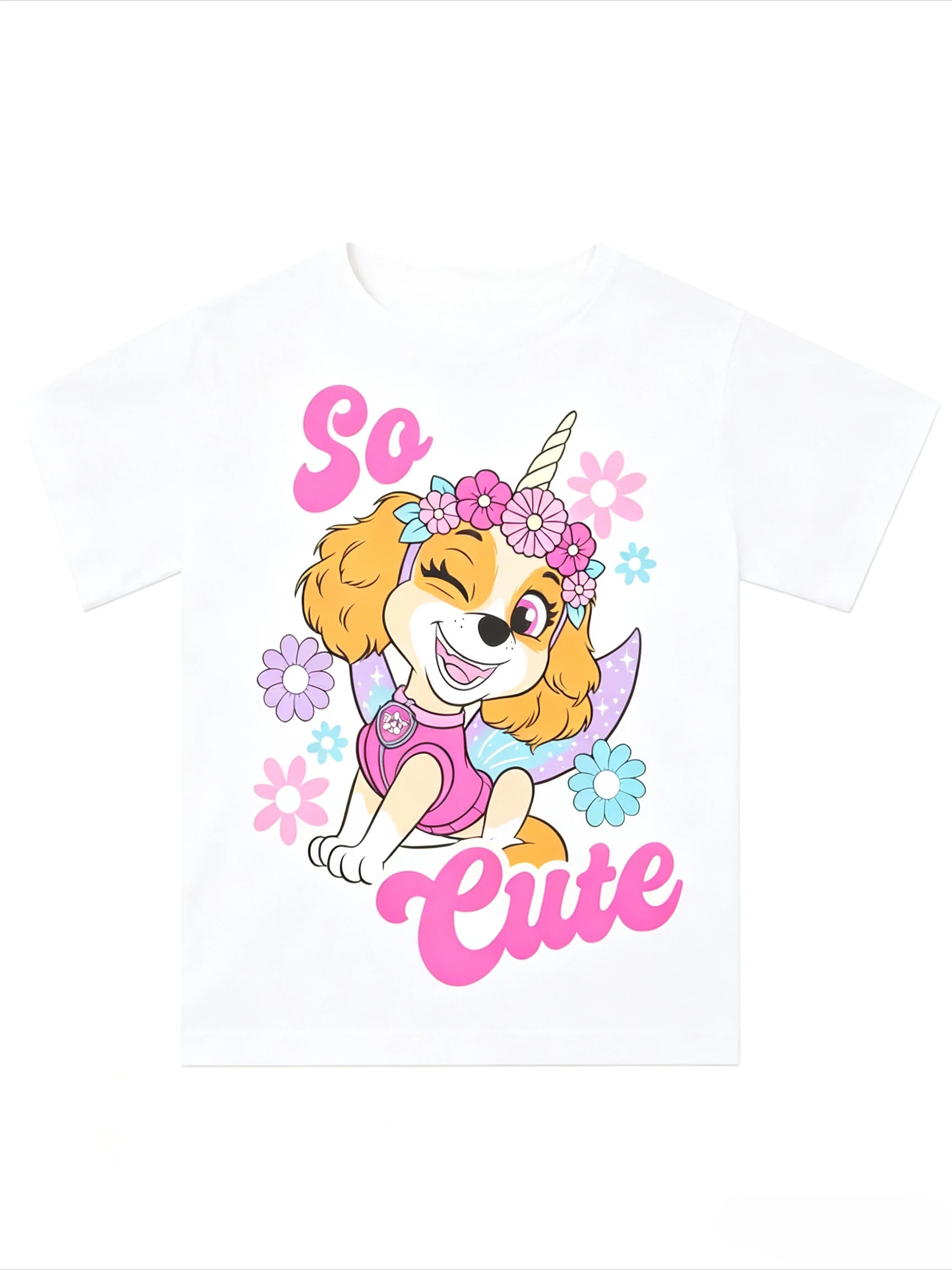 Paw Patrol Skye Girls T‑Shirt Cute Unicorn Floral Letter Print Kids Short Sleeve Tops Summer Casual Cotton Children Tees For