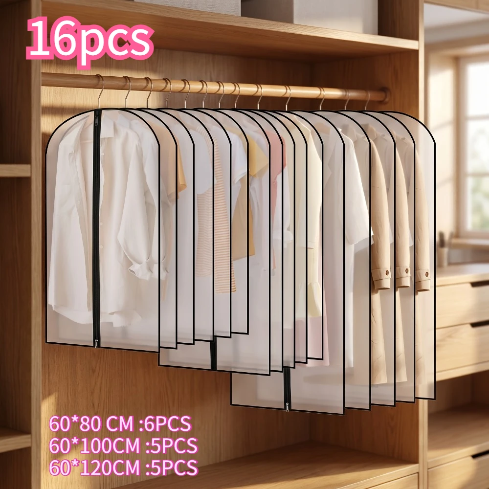 16Pcs Long Garment Bags Clear Zippered, 60x120/100/80cm, for Suits Dresses Coats Jackets Shirts
