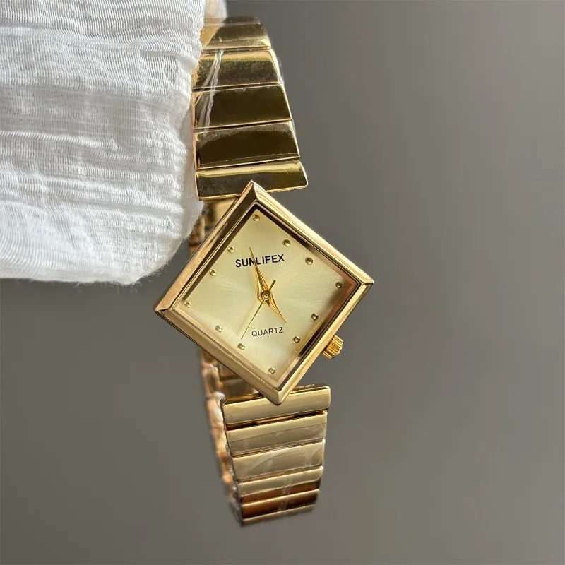 

Gold square shape drill surface bamboo belt watch femininity simple advanced retro niche exquisite women's watch