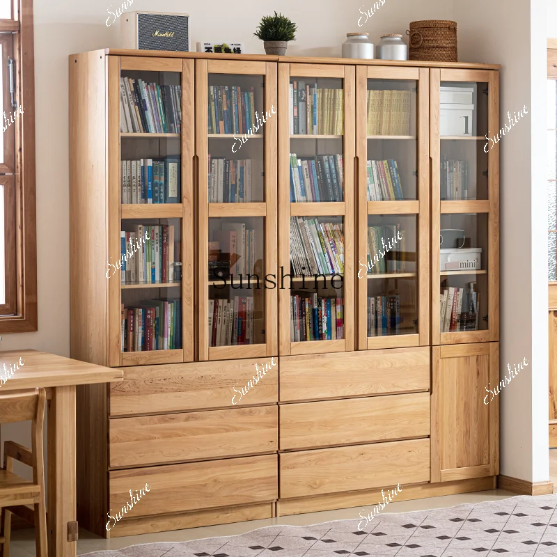 Solid wood glass door living room floor cabinet simple Japanese storage household furniture  FT