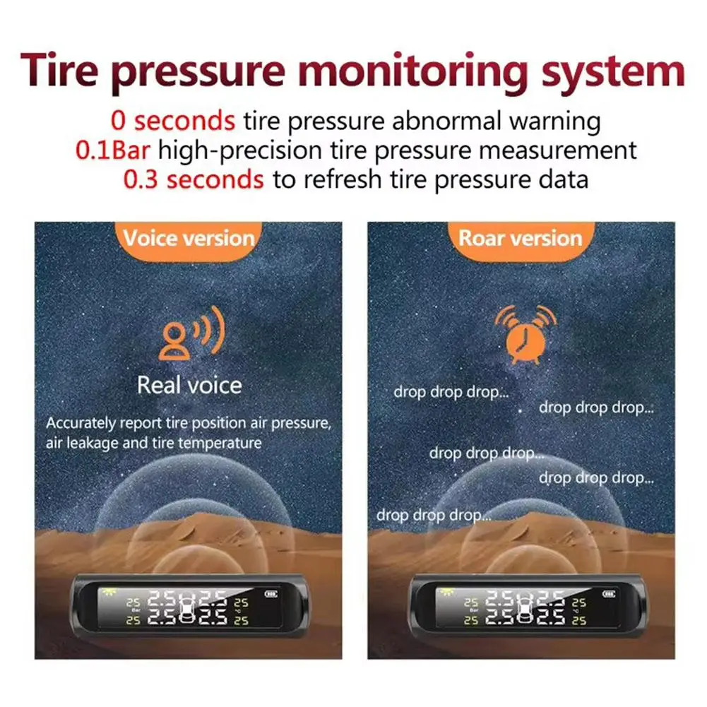 Solarbetriebenes Reifendruckkontrollsystem für Autos, kabelloses TPMS, automatischer Reifendruckalarm mit 4 externen Sensoren und Anzeige. – Detail 11