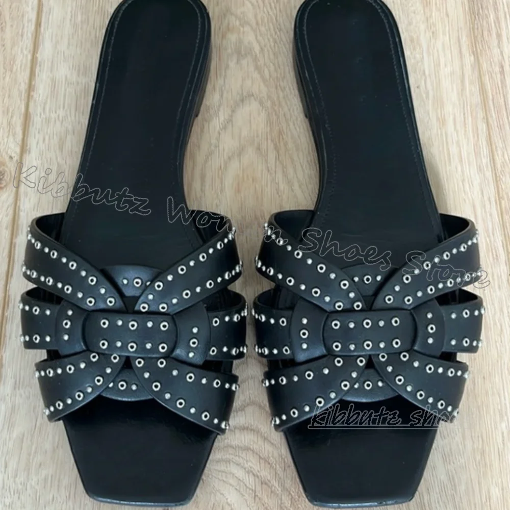 

Rivets Slipper Sandals Square Toe Flat with Leather Mixed Color Slip-On Fashion Summer Elegant Sexy Luxury Concise Shoes Newest
