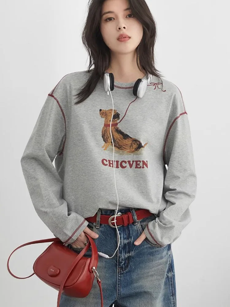 CHIC VEN Women T-Shirts Korean Causal Loose O-neck Long Sleeve Animal Dog Printed Tees Female Tops Spring Summer New 2025