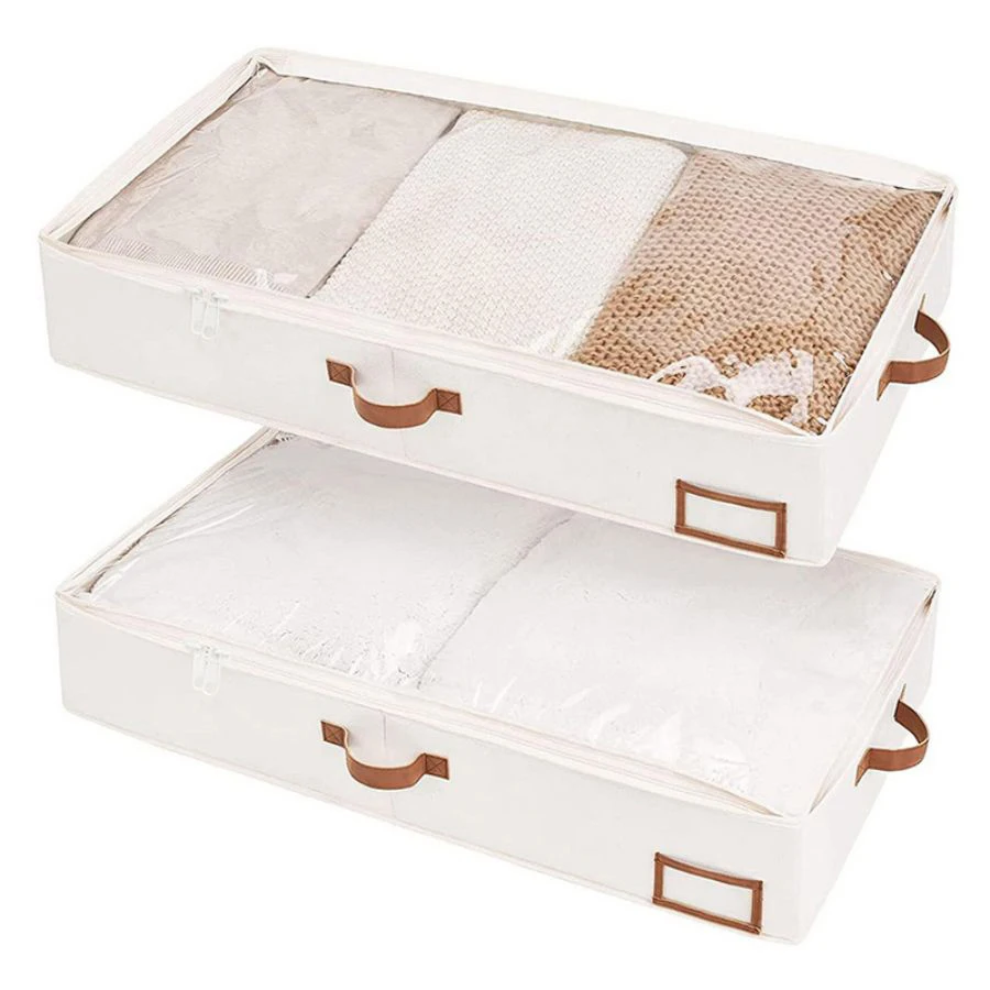 Foldable Underbed Organizer Bedroom Blanket Clothes Quilt Storage Bag With Clear Window And 4 Handles 31.5 X 17.7 X 5.9 Inches