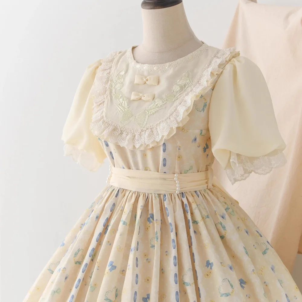 Pre-order Sweet Short Sleeve Lolita Dress Printed Casual Party Dress ~ Lily of the Valley & Kitten by Strawberry Witch