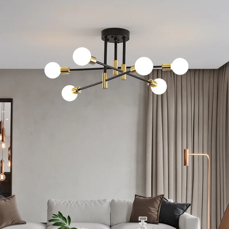 Modern 6-Lights Sputnik Chandelier Nordic Semi Flush Mount Ceiling Lamp Brushed Antique Gold Home Decor Lighting Fixture
