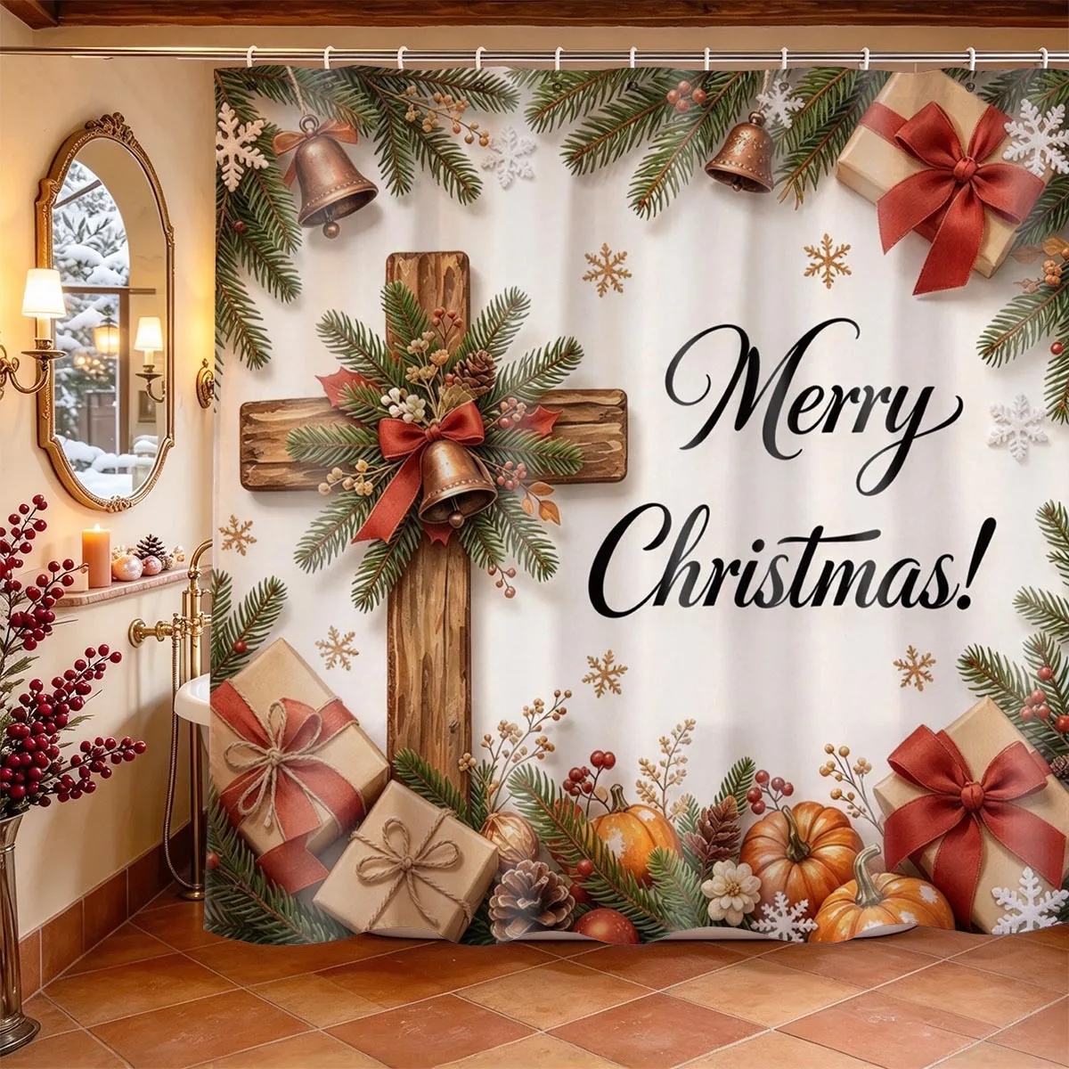Christmas Shower Curtain Funny Santa Brushing Teeth Print Waterproof Polyester Bathroom  Xmas  Home Decor with Hooks